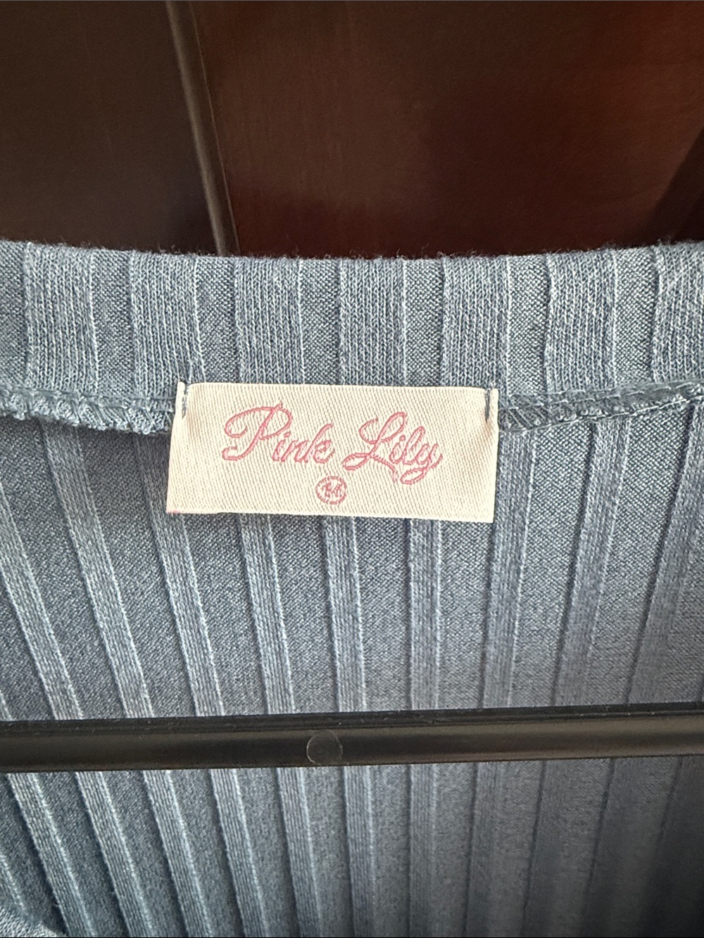 Pink Lily Dress - Slate Blue Ribbed V-Neck Long Sleeve Tie-Waist Dress - Picture 2 of 2